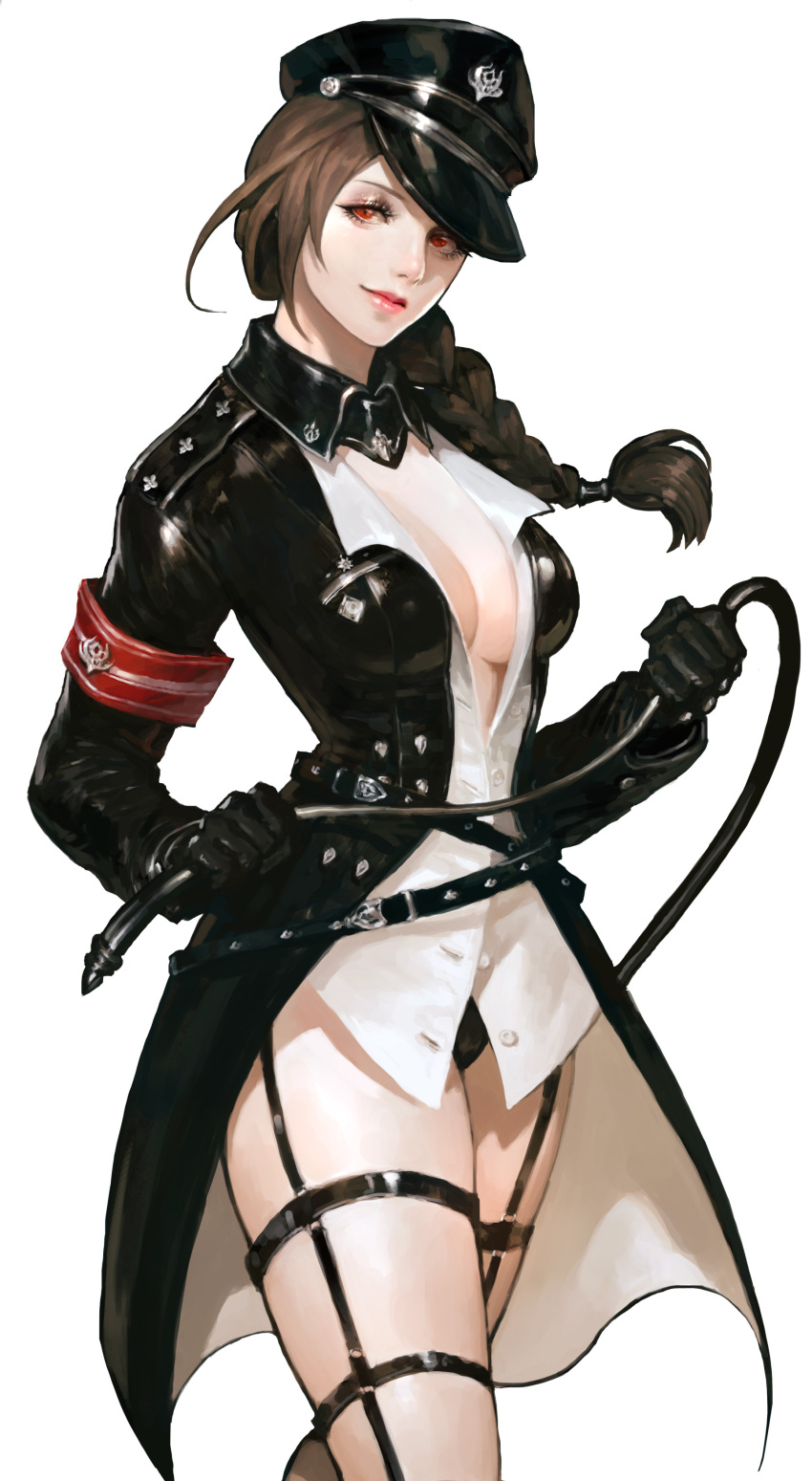 1girl absurdres armband black_gloves black_panties braid breasts brown_hair cleavage commentary eyelashes garter_straps gloves hair_over_shoulder hat highres large_breasts lips long_hair looking_at_viewer mabinogi_duel military military_uniform nessi no_bra nose panties peaked_cap red_eyes revealing_clothes single_braid solo unbuttoned unbuttoned_shirt underwear uniform whip