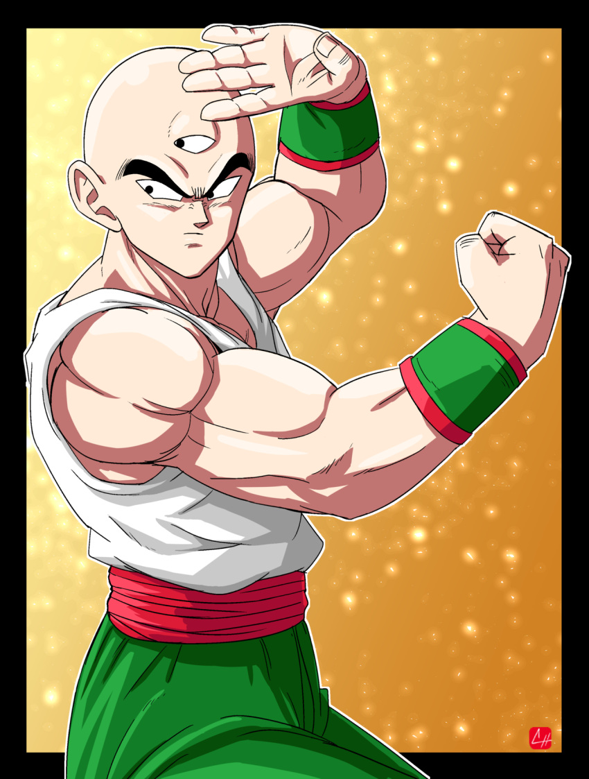 1boy bald black_border black_eyes border chris_re5 clenched_hand dragon_ball dragonball_z fighting_stance from_side highres looking_to_the_side male_focus muscle outline outside_border serious signature solo tank_top tenshinhan third_eye wristband