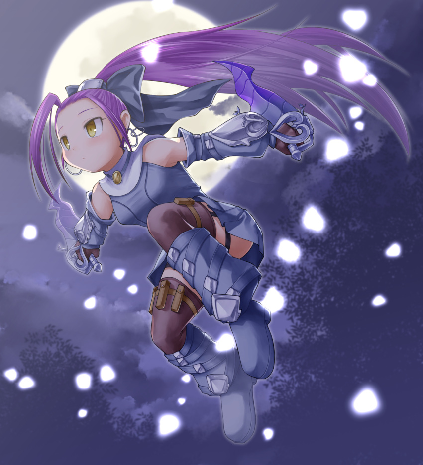 1girl :&lt; ahoge amulet black_bow boots bow breasts character_request commentary_request dagger detached_collar detached_sleeves dress dual_wielding emil_chronicle_online forehead full_body full_moon garter_straps hair_bow highres huge_ahoge jumping kasuga_yukihito knee_boots long_hair moon night ninja petals ponytail purple_hair reverse_grip short_dress small_breasts solo thigh-highs thigh_pouch very_long_hair weapon yellow_eyes