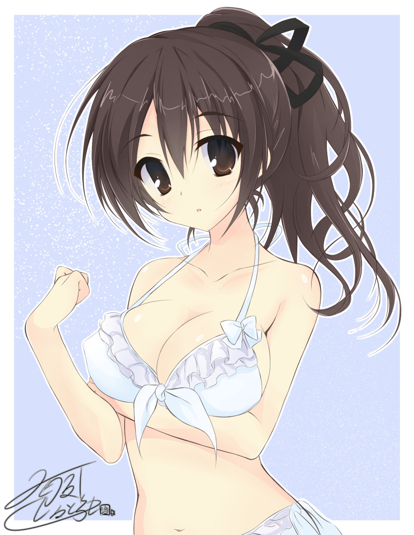 1girl alternate_hair_length alternate_hairstyle artist_name bangs bikini black_ribbon blue_background breast_hold breasts brown_eyes brown_hair clenched_hand commentary frilled_bikini frills front-tie_bikini front-tie_top getsumen_suibaku_ver._a(c) girls_und_panzer hair_ribbon highres koyama_yuzu light_particles long_hair looking_at_viewer medium_breasts outside_border parted_lips ponytail ribbon side-tie_bikini signature solo standing swimsuit upper_body white_bikini