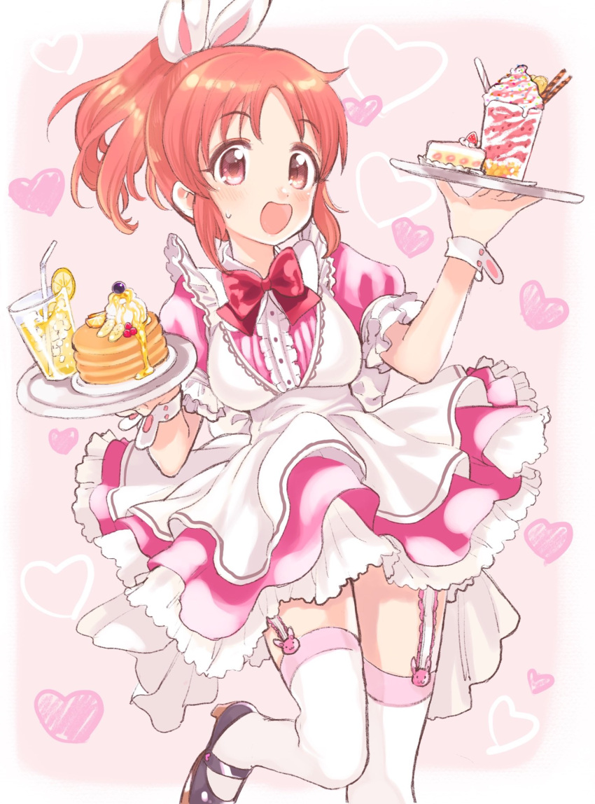 1girl abe_nana amezawa_koma animal_ears apron blush bow bowtie brown_eyes cake commentary cup dress drinking_glass eyebrows_visible_through_hair fake_animal_ears food frilled_sleeves frills garter_straps heart highres holding holding_tray idolmaster idolmaster_cinderella_girls layered_dress maid maid_apron mary_janes open_mouth orange_hair pancake parfait plate ponytail puffy_short_sleeves puffy_sleeves rabbit_ears red_neckwear shoes short_sleeves smile solo sweatdrop syrup thigh-highs tray white_legwear wrist_cuffs