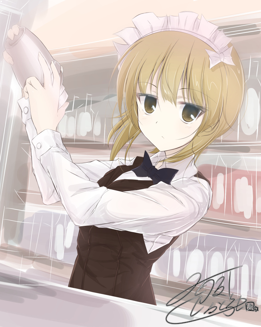 1girl artist_name bangs bar bartender black_neckwear blonde_hair blunt_bangs bow bowtie brown_vest closed_mouth cocktail_shaker commentary cutlass_(girls_und_panzer) dress_shirt eyebrows_visible_through_hair frown getsumen_suibaku_ver._a(c) girls_und_panzer handkerchief highres holding long_sleeves looking_at_viewer maid_headdress school_uniform shirt short_hair signature sketch solo standing upper_body vest white_shirt wing_collar yellow_eyes