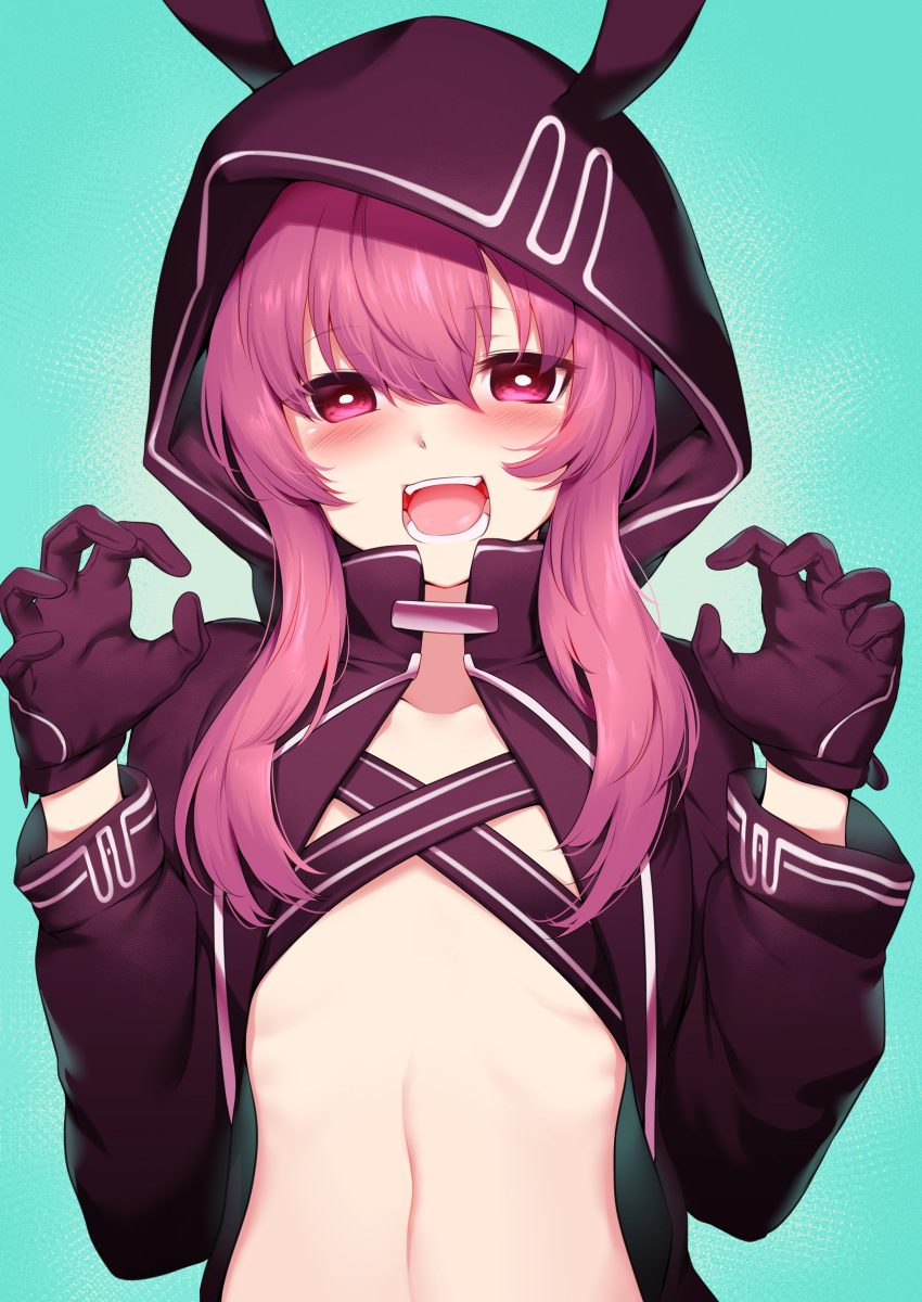 1girl :d absurdres animal_ears animal_hood bangs black_gloves black_hoodie black_rock_shooter_(game) blush bunny_hood claw_pose collarbone eyebrows_visible_through_hair flat_chest gloves green_background hair_between_eyes hands_up highres hood hood_up hooded_jacket hoodie jacket long_hair long_sleeves looking_at_viewer m-da_s-tarou midriff nafhe open_clothes open_hoodie open_mouth pink_eyes pink_hair sidelocks smile solo standing strap teeth tongue upper_body