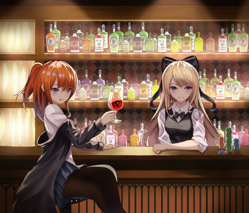 2girls :p absurdres alcohol bangs bar black_legwear blonde_hair blush bottle bow bowtie cup6542 formal glass hair_between_eyes hair_bow highres holding long_hair looking_back multiple_girls original pantyhose pleated_skirt poker_chip ponytail redhead sidelocks sitting skirt suit tongue tongue_out violet_eyes