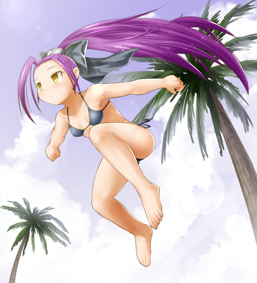 1girl :&lt; ahoge barefoot bikini black_bikini black_bow bow breasts character_request clenched_hands day emil_chronicle_online hair_bow highres huge_ahoge jumping kasuga_yukihito long_hair ponytail purple_hair side-tie_bikini small_breasts solo sparkle swimsuit toes very_long_hair yellow_eyes