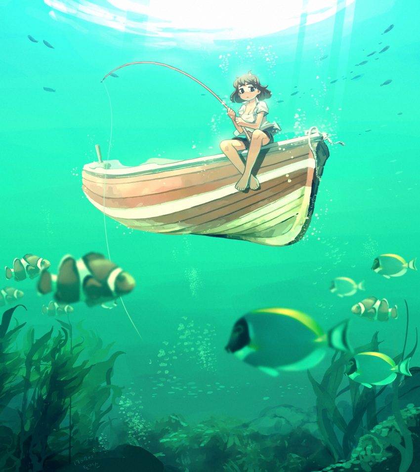 1girl algae barefoot black_eyes black_shorts breasts brown_hair bubble cleavage closed_mouth clownfish fish_request fishing frown highres looking_at_viewer medium_breasts ocean open_clothes open_shirt original rowboat shirt short_hair short_sleeves shorts sitting solo submerged sunlight thomas_hewitt white_shirt