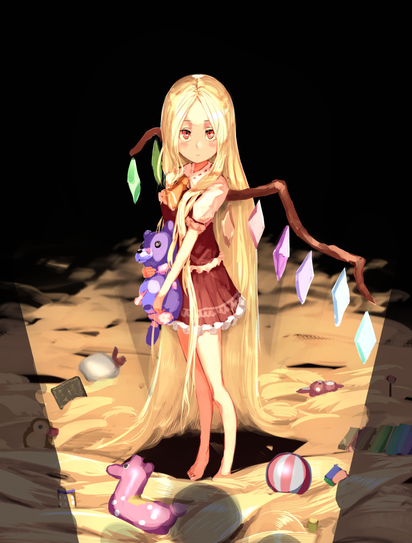 1girl absurdly_long_hair absurdres alternate_hairstyle ascot bare_arms bare_legs barefoot blonde_hair closed_mouth commentary_request crystal expressionless flandre_scarlet frilled_skirt frills full_body hair_over_shoulder hat headwear_removed highres holding kikimifukuri long_hair looking_at_viewer puffy_sleeves red_eyes red_skirt red_vest shadow skirt solo_focus standing stuffed_animal stuffed_toy teddy_bear touhou toy very_long_hair vest wings yellow_neckwear