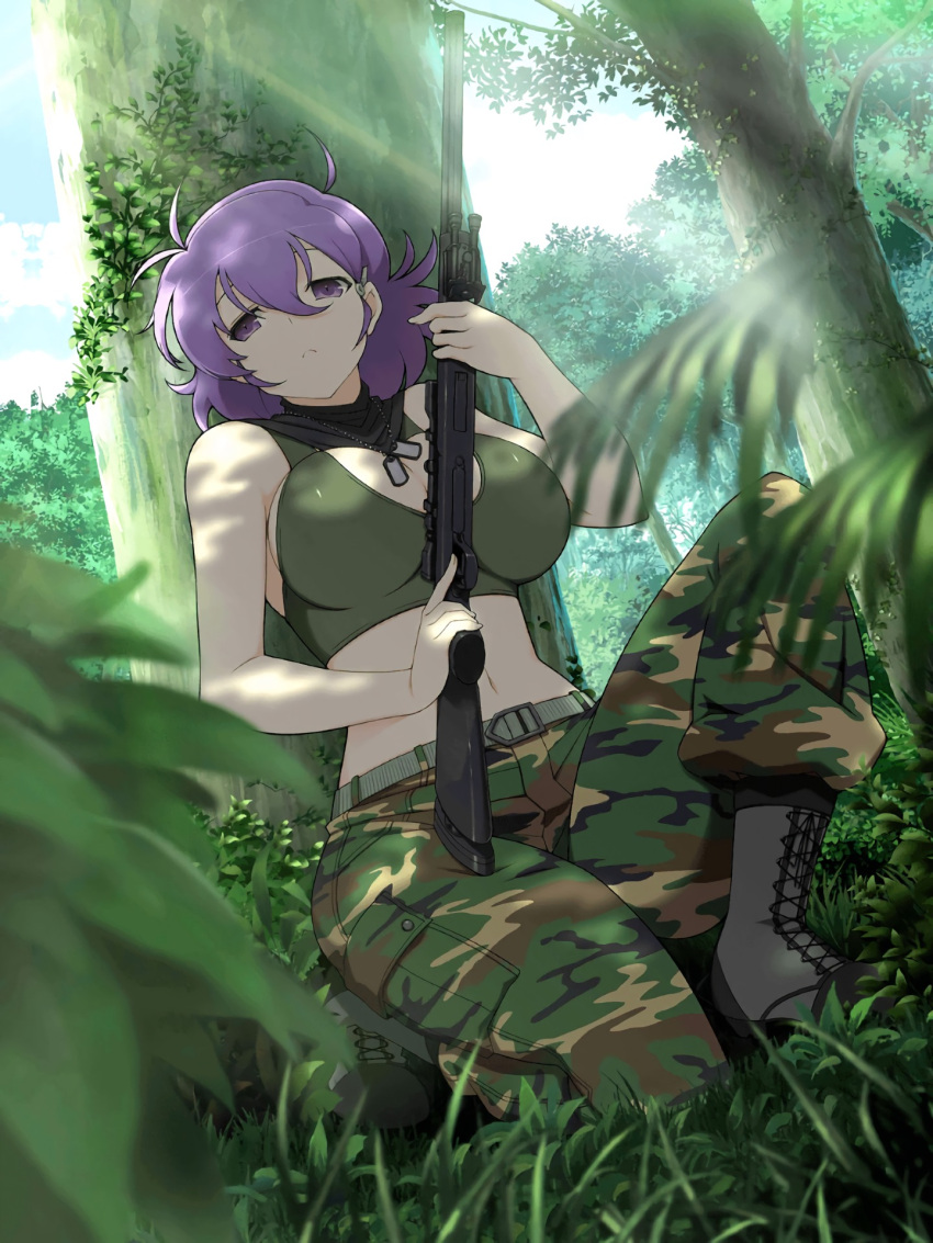 1girl :&lt; ahoge bare_arms behind_tree boots breasts camouflage camouflage_pants cleavage combat_boots crop_top cross-laced_footwear day dog_tags forest gun hair_between_eyes hiding highres kuroudo_(senran_kagura) lace-up_boots large_breasts midriff nature navel official_art one_knee pants rifle senran_kagura senran_kagura_(series) senran_kagura_new_wave short_hair sniper_rifle solo textless trigger_discipline weapon yaegashi_nan