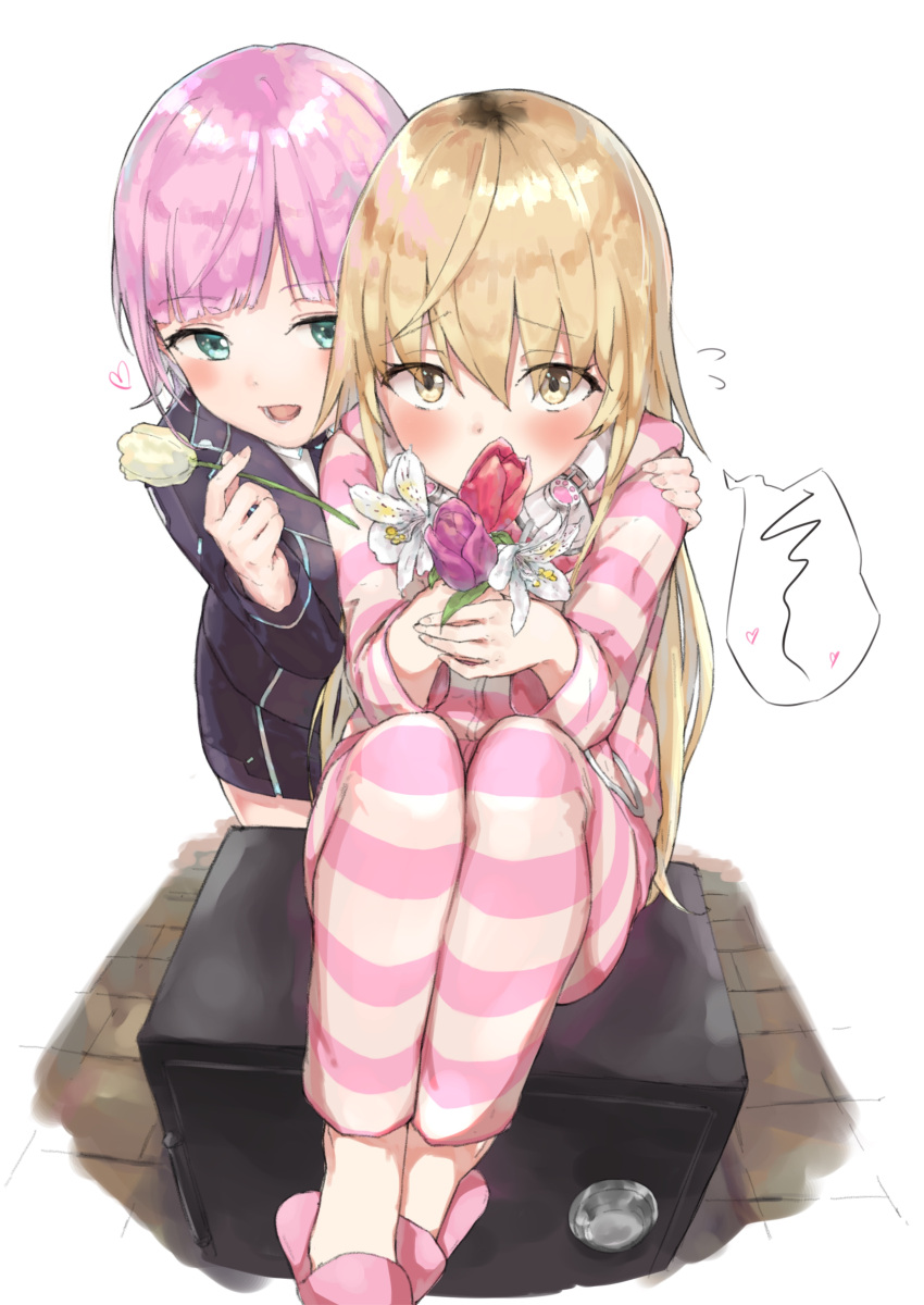 2girls absurdres aqua_eyes black_hair black_jacket blonde_hair blush epi_zero eyebrows_visible_through_hair flower flower_request hand_on_shoulder headphones headphones_around_neck highres holding holding_flower ienaga_mugi jacket lily_(flower) long_hair looking_at_another looking_at_viewer multicolored_hair multiple_girls nijisanji open_mouth pajamas pink_hair pink_pajamas safe school_uniform short_hair sitting sitting_on_object slippers smile striped striped_pajamas virtual_youtuber yellow_eyes yuri yuuhi_riri