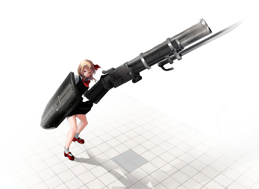 1girl bad_gun_anatomy bayonet black_dress blonde_hair dress dual_wielding epic gun highres looking_at_viewer mary_janes monster_hunter oversized_object red_footwear rifle rumia shield shoes tile_floor tiles touhou weapon yumi_(careca398)