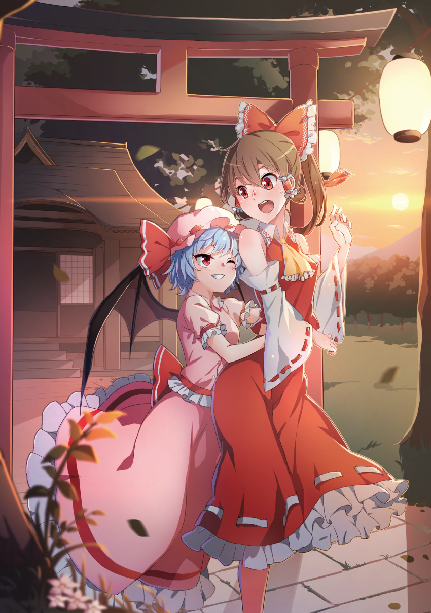 absurdres architecture bat_wings blouse blue_hair blush bow breasts brown_hair clouds cowboy_shot cravat detached_sleeves east_asian_architecture eyebrows_visible_through_hair feet_out_of_frame forest frilled_skirt frills grin hair_between_eyes hair_bow hair_tubes hakurei_reimu hat hat_ribbon hatohane_(tonnkotubird) highres hug hug_from_behind lantern looking_at_another looking_back looking_down midriff mob_cap mountain nature navel no_neckwear one_eye_closed open_mouth orange_sky outdoors paper_lantern pink_blouse pink_skirt puffy_short_sleeves puffy_sleeves red_eyes red_skirt red_vest remilia_scarlet ribbon ribbon-trimmed_sleeves ribbon_trim short_hair short_sleeves shrine skirt skirt_set sky slit_pupils small_breasts smile standing stone_walkway torii touhou tree twilight vest wings yellow_neckwear