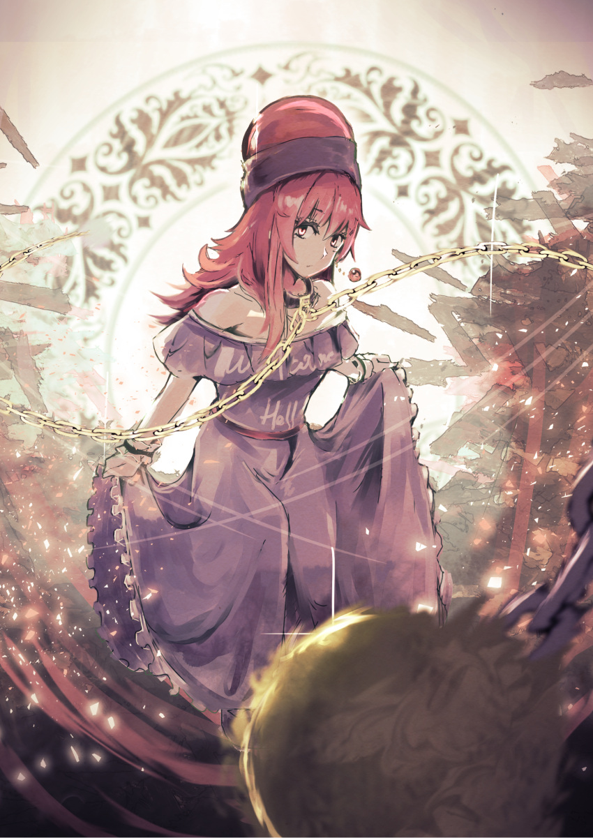 1girl adapted_costume black_dress chains collar commentary_request dress dress_lift frilled_dress frills gold_chain hecatia_lapislazuli highres long_dress long_hair looking_at_viewer moon_(ornament) off-shoulder_dress off_shoulder orb polos_crown poyosuke print_dress red_eyes redhead solo strapless strapless_dress touhou