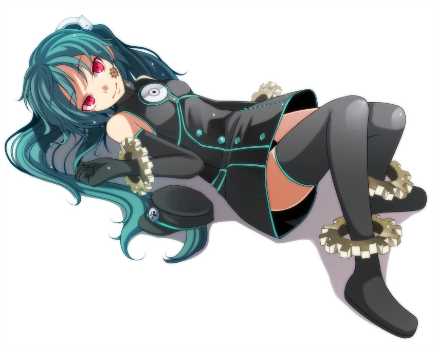 1girl alternate_color bangs black_dress black_footwear black_gloves blue_hair boots dress elbow_gloves eyebrows_visible_through_hair facial_mark full_body gloves hair_between_eyes hatsune_miku highres long_hair looking_at_viewer lying on_back project_diva_(series) red_eyes short_dress simple_background sleeveless sleeveless_dress smile solo thigh-highs thigh_boots tsukishiro_saika twintails very_long_hair vocaloid white_background