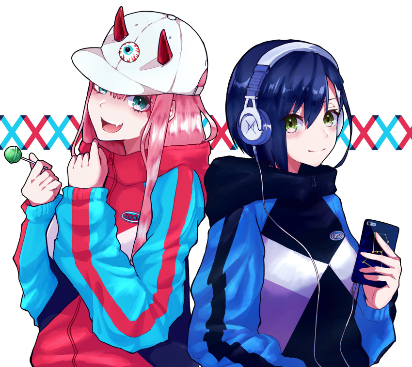 2girls absurdres aqua_eyes baseball_cap blue_hair candy casual cellphone commentary_request darling_in_the_franxx eyebrows_visible_through_hair fang food green_eyes hair_between_eyes hair_ornament hairclip hat headphones highres holding holding_cellphone holding_food holding_phone hood hood_down hoodie horns ichigo_(darling_in_the_franxx) lollipop looking_at_viewer multiple_girls open_mouth phone pink_hair red_horns smartphone smile yoshi2_oide zero_two_(darling_in_the_franxx)