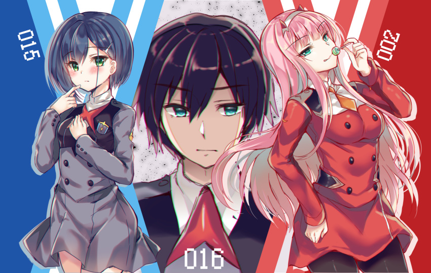 1boy 2girls bangs black_hair blue_eyes blue_hair blush breasts candy closed_mouth commentary_request darling_in_the_franxx dress eyebrows_visible_through_hair food green_eyes grey_dress hair_between_eyes highres hiro_(darling_in_the_franxx) holding holding_lollipop horns ichigo_(darling_in_the_franxx) lollipop long_hair long_sleeves medium_breasts multiple_girls necktie orange_neckwear pantyhose parted_lips pink_hair red_dress short_hair short_necktie small_breasts suzune_rena very_long_hair zero_two_(darling_in_the_franxx)