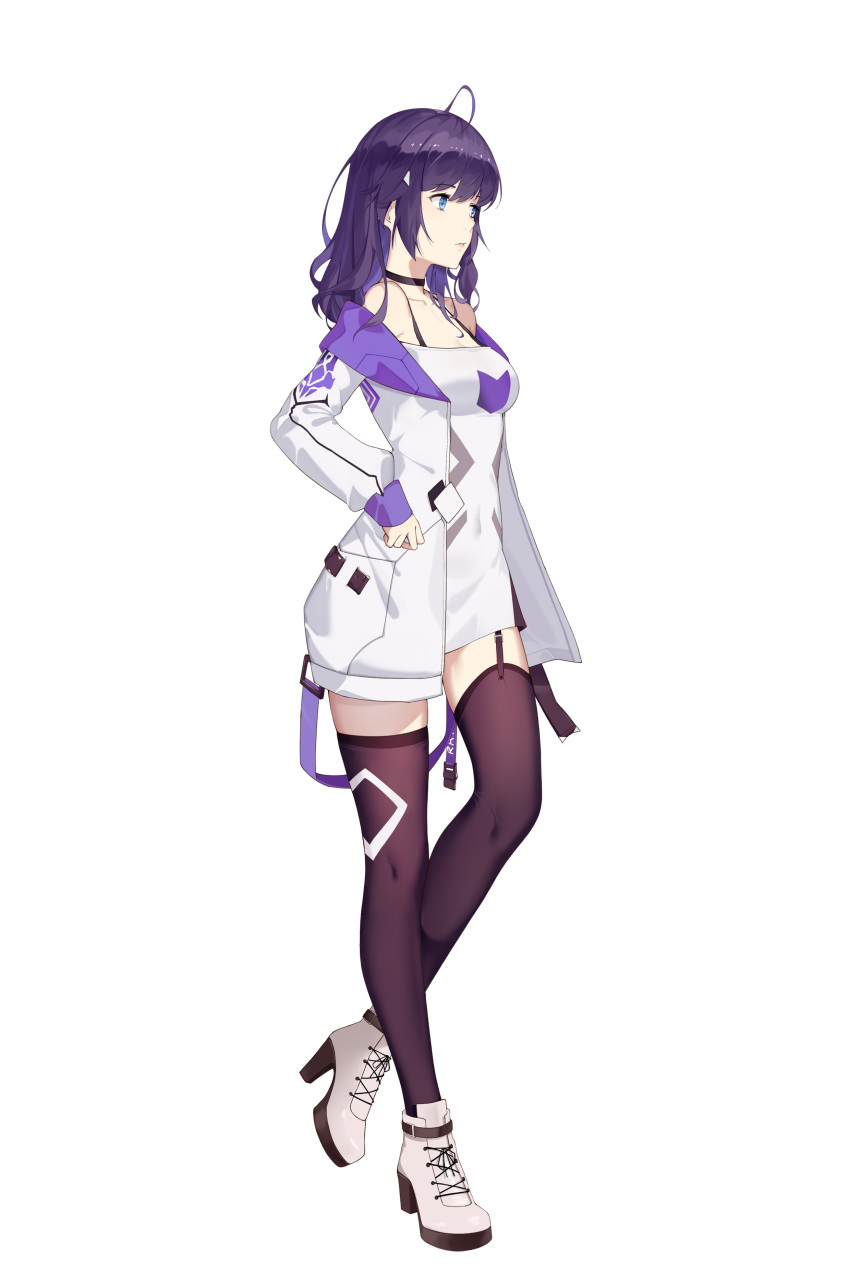 1girl absurdres alternate_eye_color alternate_hairstyle antenna_hair bare_shoulders blue_eyes boots closed_mouth full_body hands_on_hips highres honkai_(series) honkai_impact_3rd hymxiaocyan jacket kneehighs long_hair looking_to_the_side purple_hair raiden_mei raiden_mei_(striker_fulminata) shirt simple_background solo white_background white_footwear white_jacket white_shirt