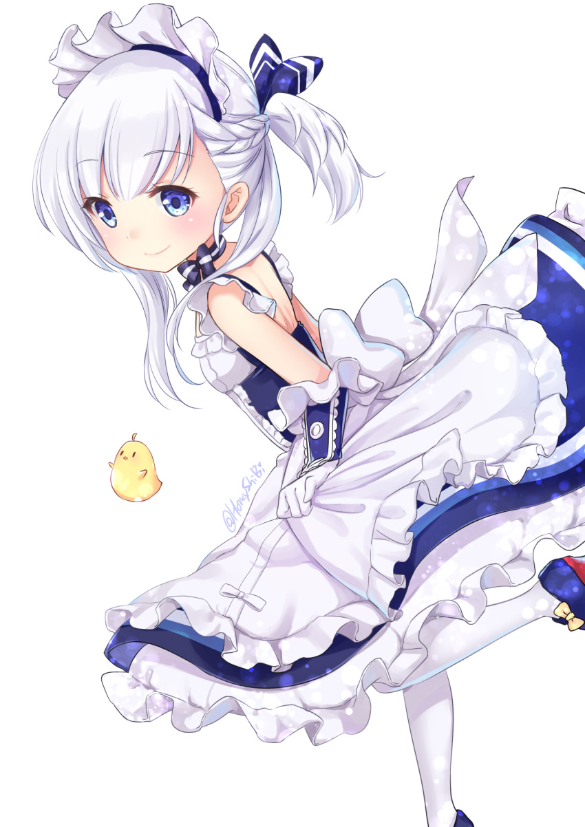 1girl apron artist_name azur_lane bangs belchan_(azur_lane) belfast_(azur_lane) bird blue_dress blue_eyes bow braid closed_eyes commentary_request dress duck eyebrows_visible_through_hair frilled_apron frilled_sleeves frills from_side gloves hair_ornament highres maid_apron maid_headdress one_side_up shibi silver_hair simple_background smile solo standing standing_on_one_leg white_apron white_background white_bow white_gloves white_legwear younger