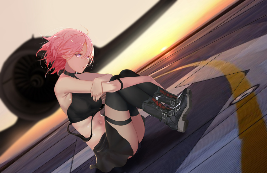 1girl absurdres aircraft airplane ass black_legwear black_skirt board_game commentary_request fate/grand_order fate_(series) fujimaru_ritsuka_(female) go highres panties pink_hair shoes short_hair sitting skirt sky solo sun thigh-highs underwear violet_eyes xufeeg