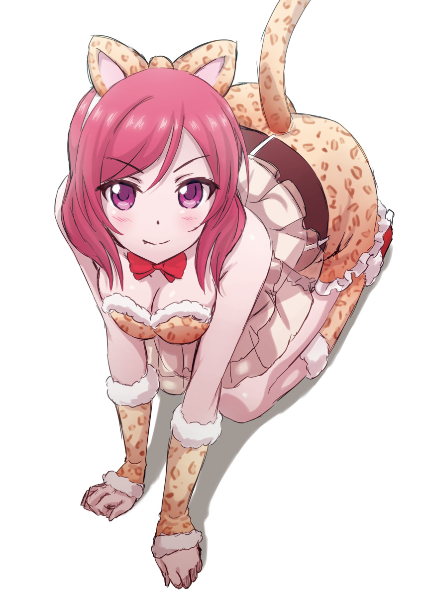 1girl all_fours animal_ears animal_print arm_warmers ayumu-k belt blush bow bowtie breasts cleavage clenched_hands eyebrows_visible_through_hair fake_animal_ears fang frills fur-trimmed_legwear fur_trim highres kneehighs kneeling leopard_ears leopard_print leopard_tail looking_at_viewer love_live! love_live!_school_idol_project medium_breasts nishikino_maki paw_pose red_neckwear redhead shadow smile solo tail violet_eyes white_background