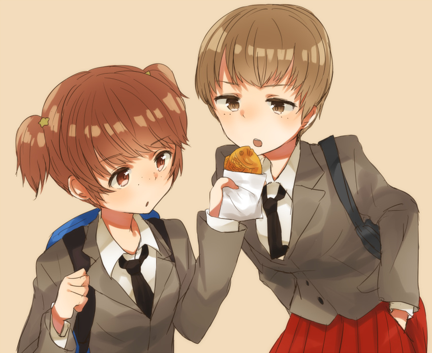 2girls alisa_(girls_und_panzer) arm_behind_back bag bangs blazer bookbag brown_background brown_eyes brown_hair dress_shirt eyebrows_visible_through_hair food freckles girls_und_panzer grey_jacket hair_ornament hand_in_pocket highres holding holding_food jacket koretsuna leaning_forward long_sleeves looking_at_another looking_back loose_necktie miniskirt multiple_girls naomi_(girls_und_panzer) necktie offering open_mouth parted_lips pleated_skirt red_skirt school_uniform shirt short_hair short_twintails simple_background skirt standing star star_hair_ornament twintails very_short_hair white_shirt wing_collar