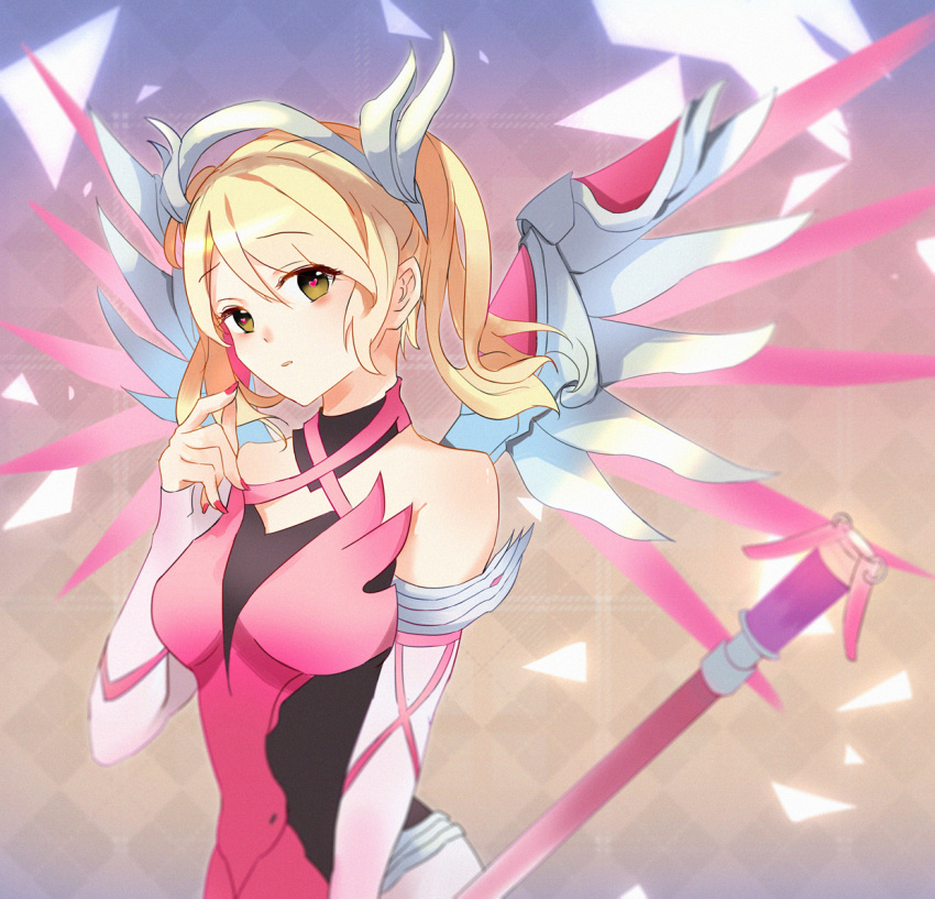 1girl alternate_costume alternate_hairstyle argyle argyle_background blonde_hair breasts dress elbow_gloves fingerless_gloves fingernails gloves gradient gradient_background green_eyes hair_ribbon holding holding_staff looking_at_viewer magical_girl mechanical_halo mechanical_wings medium_breasts medium_hair mercy_(overwatch) nail_polish overwatch parted_lips pink_dress pink_gloves pink_mercy pink_nails pink_ribbon pink_wings purple_background ribbon solo staff tan_background taut_clothes tokiku twintails upper_body wings