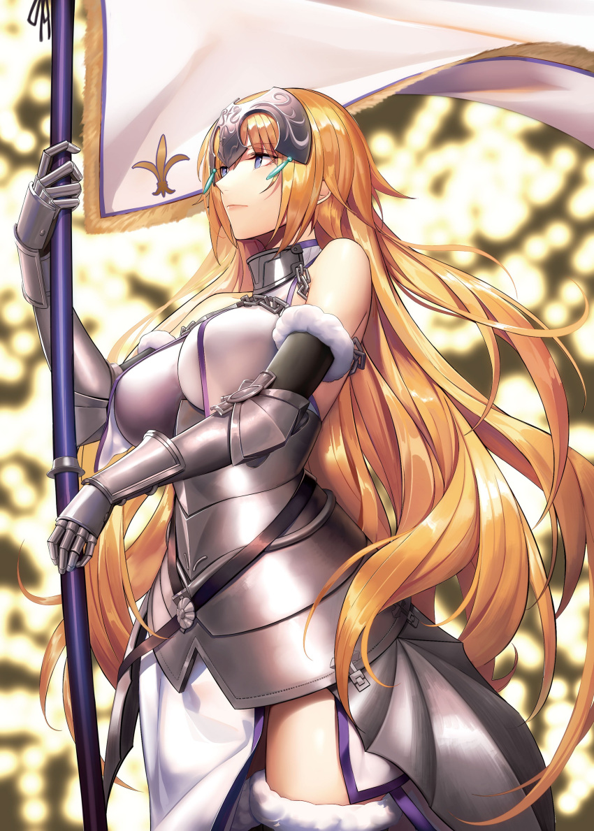 1girl absurdres armor armored_dress blonde_hair blue_eyes breasts chains collar commentary eyebrows_visible_through_hair fate/apocrypha fate/grand_order fate_(series) faulds flag fur_trim gauntlets headpiece highres holding holding_flag jeanne_d'arc_(fate) jeanne_d'arc_(fate)_(all) large_breasts long_hair plackart standard_bearer thigh-highs thighs very_long_hair yagitome87