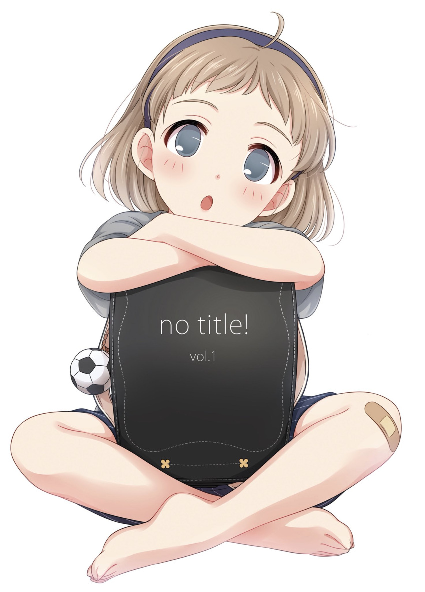 1girl :o ball barefoot blush brown_hair commentary_request copyright_request crossed_arms grey_eyes grey_shirt hairband head_tilt highres indian_style looking_at_viewer open_mouth sekina shirt short_hair short_sleeves simple_background sitting soccer_ball solo white_background