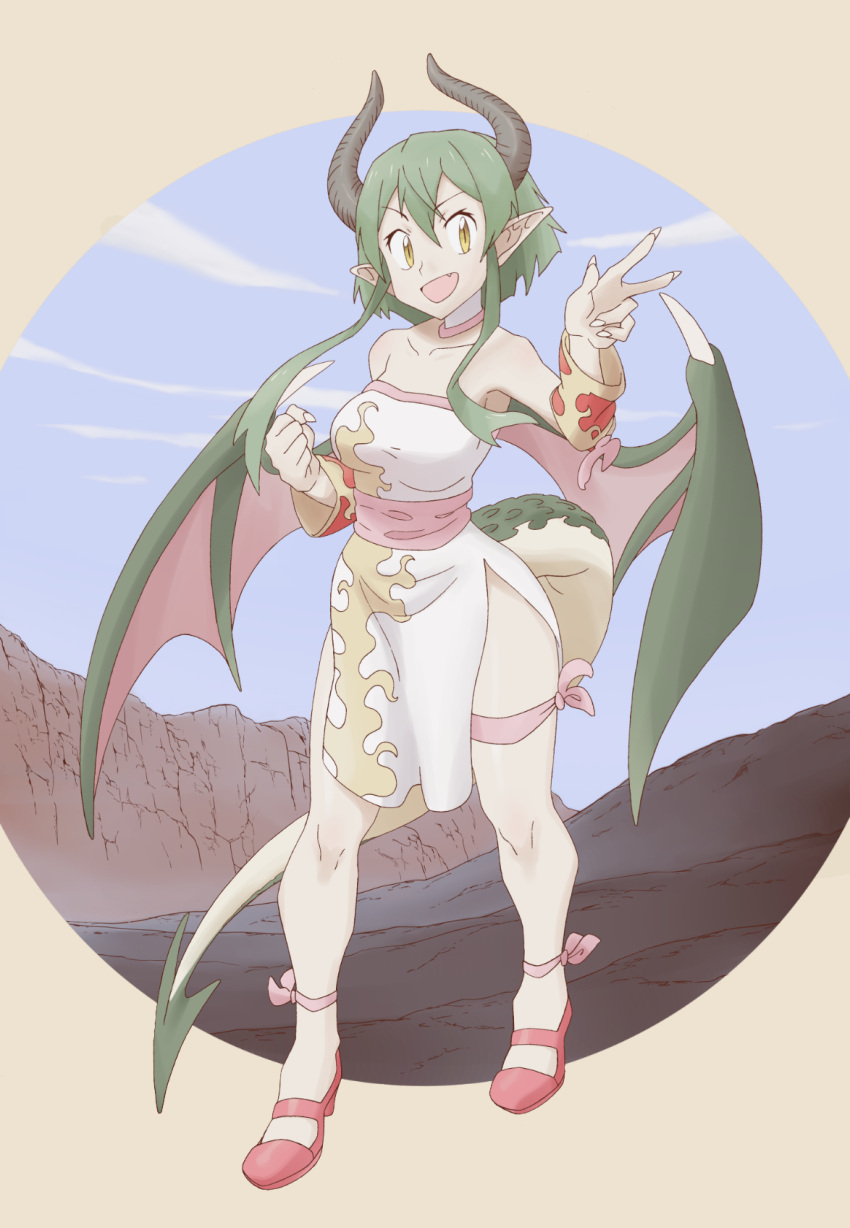 1girl :d ankleband bangs bare_shoulders blue_sky breasts choker clenched_hand clouds draco_centauros dragon_girl dragon_horns dragon_tail dragon_wings dress eyebrows eyebrows_visible_through_hair eyelashes fang fingernails full_body green_hair hair_between_eyes hand_up high_heels highres horns legs_apart long_fingernails long_hair mary_janes medium_breasts nomura_(buroriidesu) open_mouth palms pink_footwear pink_wings pointy_ears puyopuyo puyopuyo_7 sash scales sharp_fingernails shoes short_hair_with_long_locks side_slit sky smile solo spikes standing strapless strapless_dress tail thigh_strap v v-shaped_eyebrows white_choker white_dress wings yellow_eyes