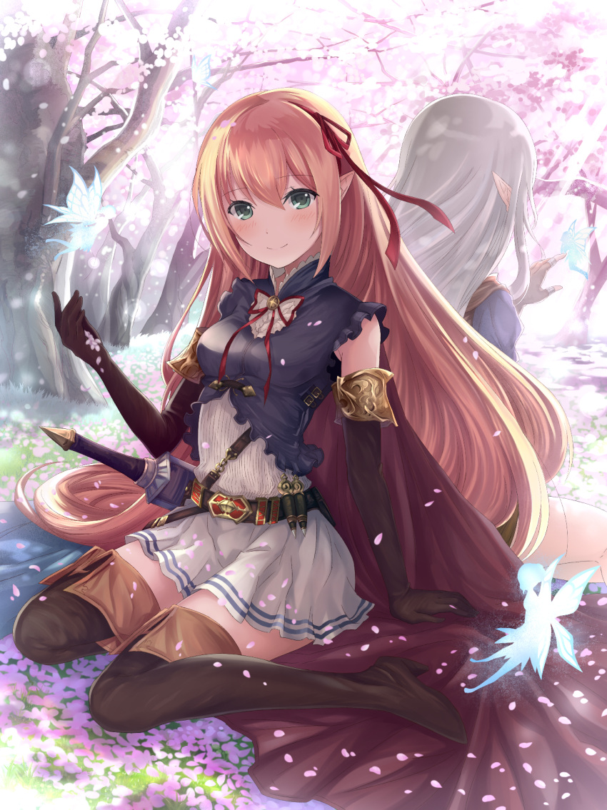 2girls arisa_(shadowverse) arm_support back-to-back belt black_gloves boots brown_footwear brown_hair cherry_blossoms day elbow_gloves eyebrows_visible_through_hair flower gloves green_eyes hair_between_eyes hair_ribbon highres long_hair looking_at_viewer losaria_(shadowverse) mamehamu miniskirt multiple_girls neck_ribbon outdoors pink_flower pleated_skirt pointy_ears red_cloak red_ribbon ribbon shadowverse silver_hair skirt smile thigh-highs thigh_boots tree very_long_hair white_skirt zettai_ryouiki