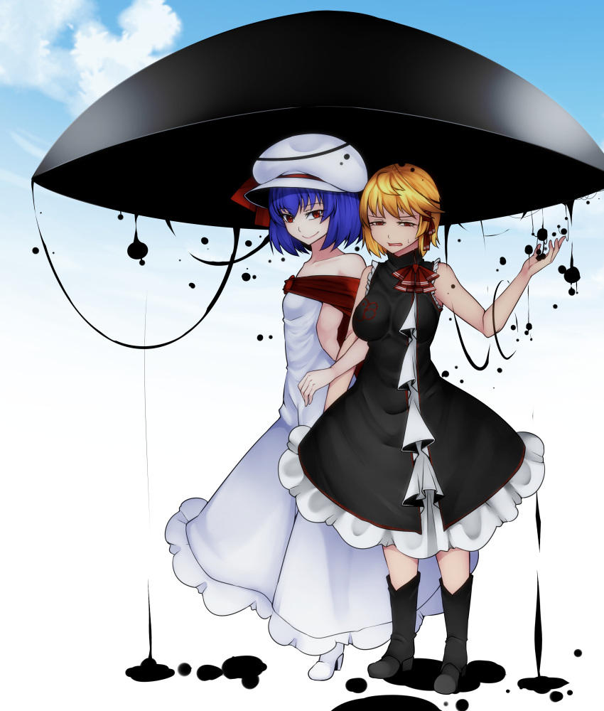 2girls adapted_costume aoshima bangs bare_arms bare_shoulders black_dress black_footwear blonde_hair blue_hair blue_sky boots breasts closed_mouth clouds collarbone commentary_request day dress eyebrows_visible_through_hair full_body gradient gradient_background hand_up hat hat_ribbon high_heel_boots high_heels highres long_dress looking_at_viewer medium_breasts multiple_girls off-shoulder_dress off_shoulder open_mouth petticoat red_eyes red_ribbon remilia_scarlet ribbon rumia short_hair simple_background sky sleeveless sleeveless_dress small_breasts smile standing touhou white_background white_dress white_footwear white_hat