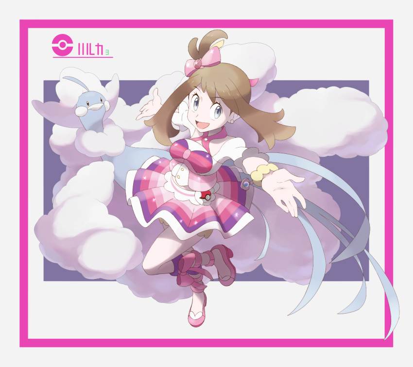 1girl :d altaria blue_eyes border bow bracelet breasts brown_hair buttons character_name earrings eyebrows eyebrows_visible_through_hair eyelashes full_body gem gen_3_pokemon hair_bow haruka_(pokemon) heart high_heels highres jewelry leg_up long_hair medium_breasts mega_altaria mega_pokemon miniskirt multicolored multicolored_clothes multicolored_skirt nomura_(buroriidesu) one_side_up open_mouth outstretched_arms palms pink_border pink_bow pink_footwear pleated_skirt poke_ball poke_ball_(generic) pokemon pokemon_(creature) pokemon_(game) pokemon_oras shoes skirt smile solo standing standing_on_one_leg tongue