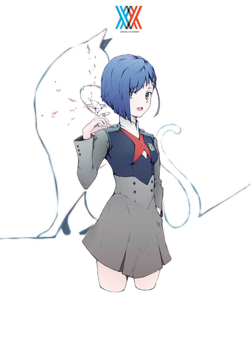 1girl absurdres bandaid_on_finger blue_hair breasts cat commentary_request cropped_legs darling_in_the_franxx eyebrows_visible_through_hair green_eyes hair_ornament hair_over_one_eye hairclip hand_in_pocket highres ichigo_(darling_in_the_franxx) looking_at_viewer open_mouth papercraft q-pra short_hair solo tail uniform