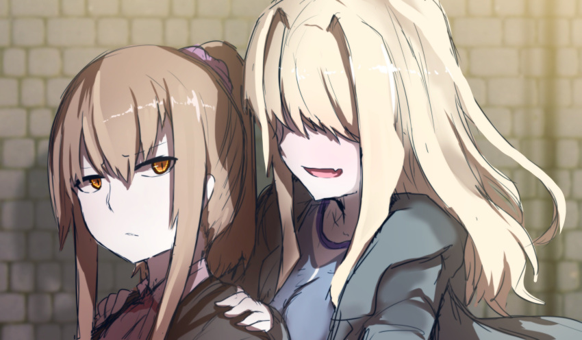 2girls :d absurdres bangs blonde_hair blue_shirt brick_wall brown_eyes brown_hair commentary_request day eyebrows_visible_through_hair fang grey_jacket hair_between_eyes hair_ornament hair_over_eyes hair_scrunchie hands_on_another's_shoulders high_ponytail highres jacket long_hair long_sleeves looking_at_viewer multiple_girls open_clothes open_jacket open_mouth original outdoors parted_lips pink_scrunchie ponytail protected_link scrunchie shirt sidelocks sleeves_past_wrists smile wada_kazu