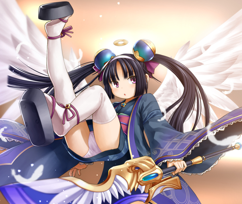 1girl black_hair character_request commentary_request emil_chronicle_online feathered_wings hair_bobbles hair_ornament hairband halo highres japanese_clothes kasuga_yukihito obi panties pantyshot sandals sash solo staff thigh-highs twintails underwear violet_eyes white_legwear white_panties wide_sleeves wings