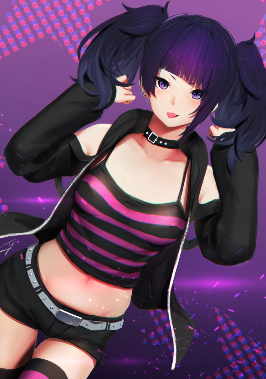 bangs black_collar black_jacket black_shorts breasts commentary_request diagonal_bangs dutch_angle earrings eyes_visible_through_hair hands_up hayabusa highres horizontal_stripes idolmaster idolmaster_shiny_colors jacket jewelry long_sleeves looking_at_viewer medium_breasts midriff navel open_clothes open_jacket purple_hair shiny shiny_hair shirt short_shorts shorts sleeveless sleeveless_shirt striped striped_legwear striped_shirt tanaka_mamimi thigh-highs thigh_gap tongue tongue_out twintails unzipped violet_eyes