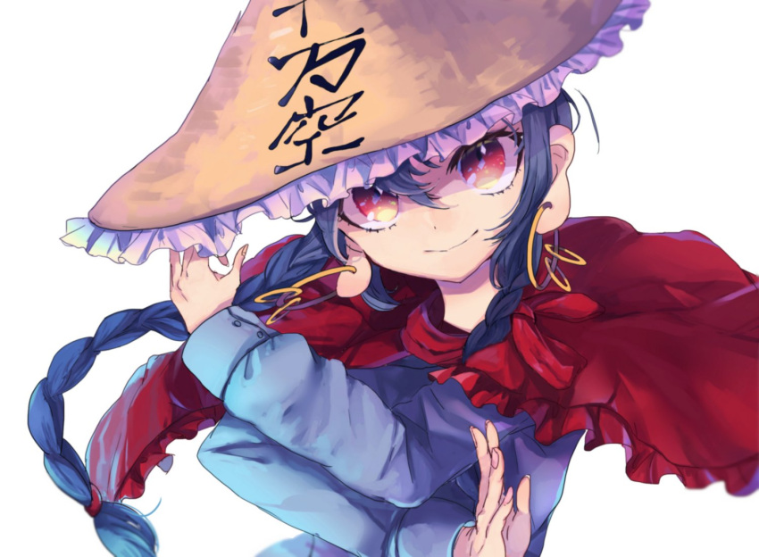 1girl black_hair braid capelet earrings hat jewelry long_sleeves looking_at_viewer red_eyes solo touhou tsukikusa twin_braids white_background yatadera_narumi