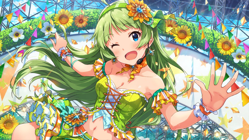 bare_shoulders blue_eyes blush choker dress green_hair idolmaster idolmaster_million_live! idolmaster_million_live!_theater_days long_hair shimabara_elena smile wink