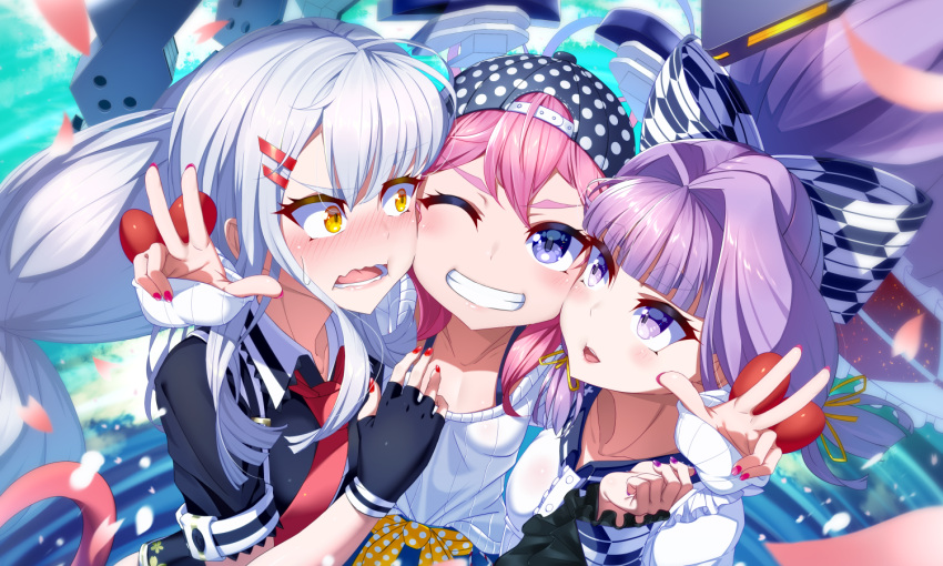 3girls ;d alternate_costume backwards_hat bangs black_gloves blue_eyes blush buttons cheek-to-cheek double_w eyebrows_visible_through_hair fang fingerless_gloves gloves hair_ornament hair_ribbon hairclip hat hatsuharu_(kantai_collection) headgear kantai_collection leaf_lsd lips long_hair long_sleeves looking_at_viewer multiple_girls murakumo_(kantai_collection) nail_polish nenohi_(kantai_collection) one_eye_closed open_mouth orange_eyes pink_hair pink_nails polka_dot ponytail purple_hair purple_nails red_nails remodel_(kantai_collection) ribbon short_eyebrows short_sleeves silver_hair smile tress_ribbon violet_eyes w
