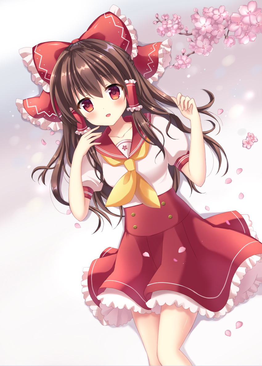 1girl :d adapted_costume bangs blunt_bangs blush bow brown_hair collarbone eyebrows_visible_through_hair floating_hair frilled_bow frilled_skirt frills hair_between_eyes hair_bow hair_tubes hakurei_reimu highres long_hair looking_at_viewer mayo_(miyusa) open_mouth red_bow red_eyes red_skirt school_uniform shirt short_sleeves skirt smile solo standing touhou uniform white_neckwear white_shirt