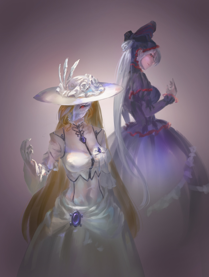 2girls absurdres black_dress blonde_hair breasts character_request covered_navel dress flower gloves gothic_lolita grey_background hat hat_feather hat_flower head_tilt highres layered_dress lolita_fashion long_dress long_hair mask medium_breasts multiple_girls overlord_(maruyama) ponytail red_eyes shalltear_bloodfallen silver_hair song_ren standing sun_hat very_long_hair white_feathers white_flower white_gloves white_hat