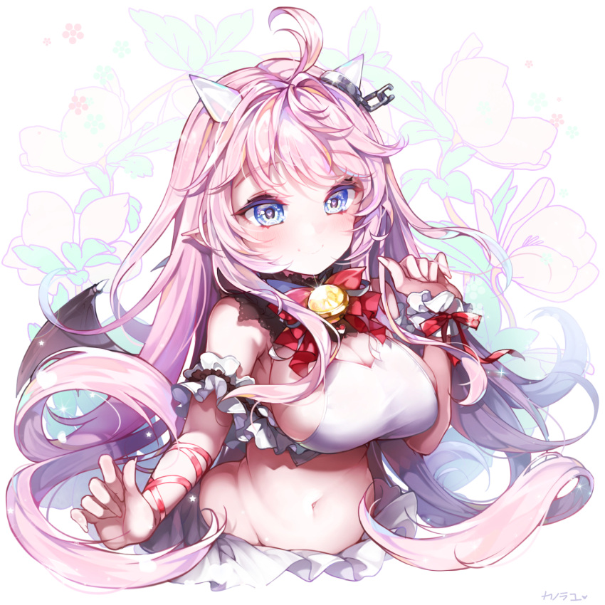 1girl blue_eyes breasts cleavage demon_girl demon_horns demon_wings heart heart-shaped_pupils highres horns kanola_u large_breasts long_hair looking_at_viewer midriff navel open_mouth original pink_hair pointy_ears sideboob smile solo stomach succubus symbol-shaped_pupils very_long_hair wings