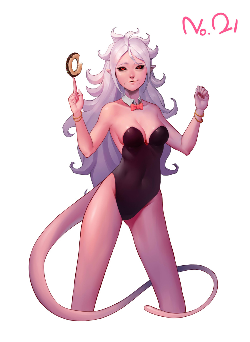1girl absurdres android_21 animal_ears black_sclera breasts bunny_girl bunnysuit detached_collar doughnut dragon_ball dragon_ball_fighterz food highres large_breasts leotard long_hair looking_at_viewer majin_android_21 moonlit pink_skin pointy_ears rabbit_ears red_eyes smile solo tail white_hair wrist_cuffs