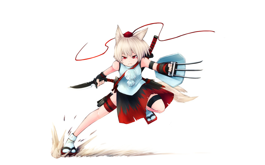 &gt;:( 1girl animal_ears bangs bare_shoulders black_gloves black_skirt blonde_hair claw_(weapon) closed_mouth combat_knife commentary_request fighting_stance fingerless_gloves floating_hair folded_leg full_body geta gloves hands_up hat highres holding holding_weapon inubashiri_momiji jakomurashi japanese_clothes katana knife medium_skirt multicolored multicolored_clothes multicolored_skirt outstretched_leg pom_pom_(clothes) red_eyes red_skirt serious sheath sheathed shield shirt short_hair side_slit simple_background skirt sleeveless sleeveless_shirt solo sword tail tokin_hat touhou v-shaped_eyebrows vega weapon weapon_on_back white_background white_shirt wolf_ears wolf_tail