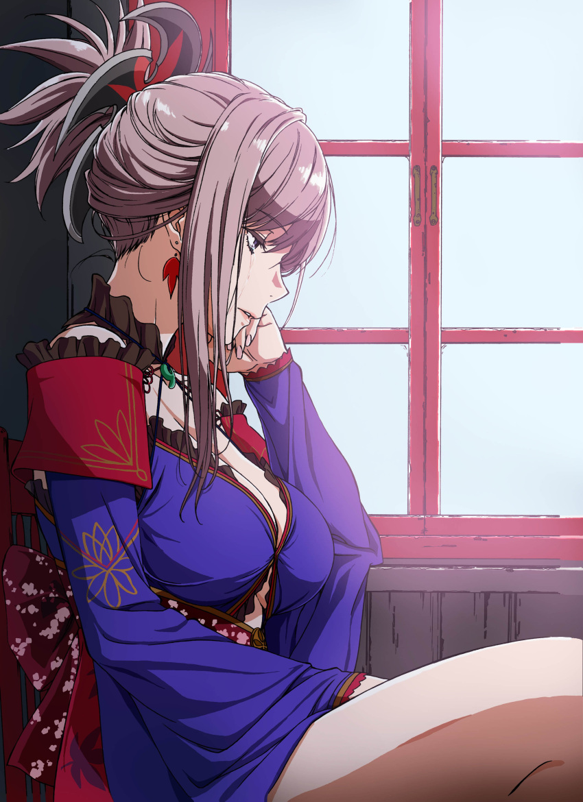 1girl absurdres arm_between_legs asymmetrical_hair bare_shoulders blue_eyes blue_kimono breasts cleavage commentary_request crying crying_with_eyes_open detached_sleeves earrings fate/grand_order fate_(series) frills from_side hair_ornament hand_on_own_cheek highres japanese_clothes jewelry kakitama kimono large_breasts leaf_print legs_crossed looking_down magatama miyamoto_musashi_(fate/grand_order) navel_cutout necklace obi pink_hair ponytail sad sash short_kimono sitting tears thighs wide_sleeves window