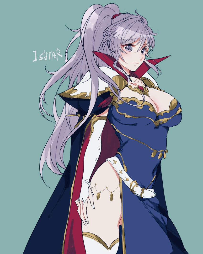 1girl boots breasts cape cleavage dress earrings elbow_gloves fire_emblem fire_emblem:_seisen_no_keifu gloves highres ishtar_(fire_emblem) jewelry long_hair medium_breasts ponytail side_ponytail silver_hair solo thigh-highs thigh_boots violet_eyes