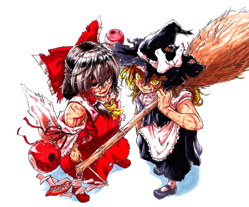 apron ascot bangs black_footwear blonde_hair blood bow broom brown_hair collared_shirt commentary commentary_request detached_sleeves gohei grin hair_bow hair_tubes hakurei_reimu hat hat_bow hat_ribbon injury japanese_clothes kirisame_marisa koyubi_(littlefinger1988) large_bow looking_at_viewer miko multiple_girls puffy_short_sleeves puffy_sleeves red_footwear ribbon shirt short_sleeves simple_background skirt smile teeth torn_clothes touhou vest white_background wide_sleeves witch witch_hat yellow_eyes yin_yang_orb
