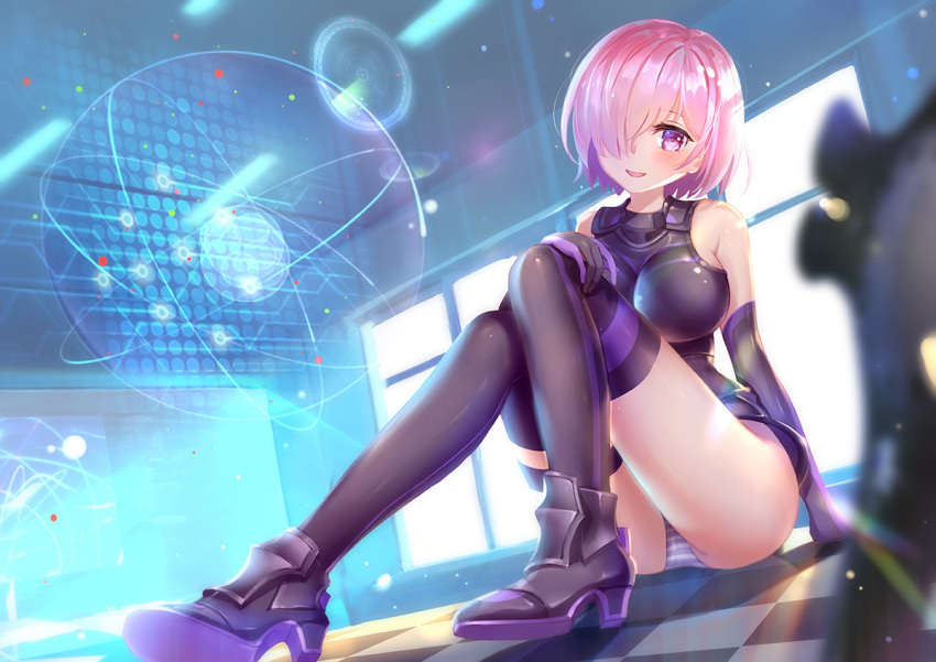 1girl :d armor armored_dress asanogawa_(tutufcc) bangs bare_shoulders black_dress black_footwear black_gloves black_legwear blurry blurry_foreground blush boots breasts checkered checkered_floor commentary_request day depth_of_field dress dutch_angle elbow_gloves eyebrows_visible_through_hair fate/grand_order fate_(series) gloves hair_over_one_eye hand_on_own_knee head_tilt high_heel_boots high_heels indoors large_breasts looking_at_viewer mash_kyrielight open_mouth panties pink_hair short_hair sitting sleeveless sleeveless_dress smile solo striped striped_panties sunlight thigh-highs underwear violet_eyes window