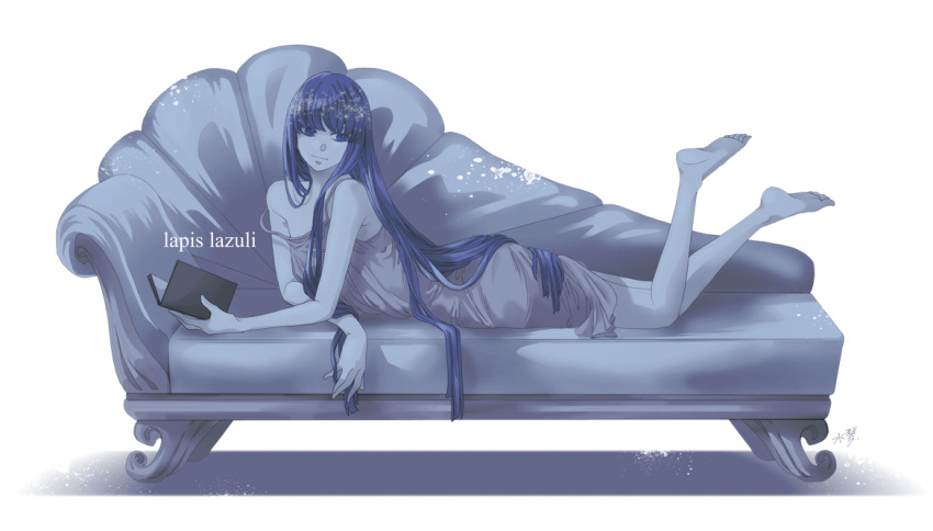 1other alternate_costume androgynous barefoot blue_eyes blue_hair book character_name couch hime_cut houseki_no_kuni lapis_lazuli_(houseki_no_kuni) long_hair looking_at_viewer lying shuiqin smile solo strap_slip white_background