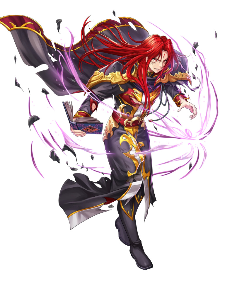 1boy annoyed belt black_cape black_coat black_footwear boots cape coat energy energy_ball facial_mark fire_emblem fire_emblem:_seisen_no_keifu fire_emblem_heroes forehead_mark highres holding_cape injury long_coat long_hair long_sleeves official_art pants parted_lips pointing pointing_at_viewer red_eyes redhead shoulder_pads sidelocks smile torn_cape torn_clothes torn_coat torn_sleeves white_pants yurius_(fire_emblem)