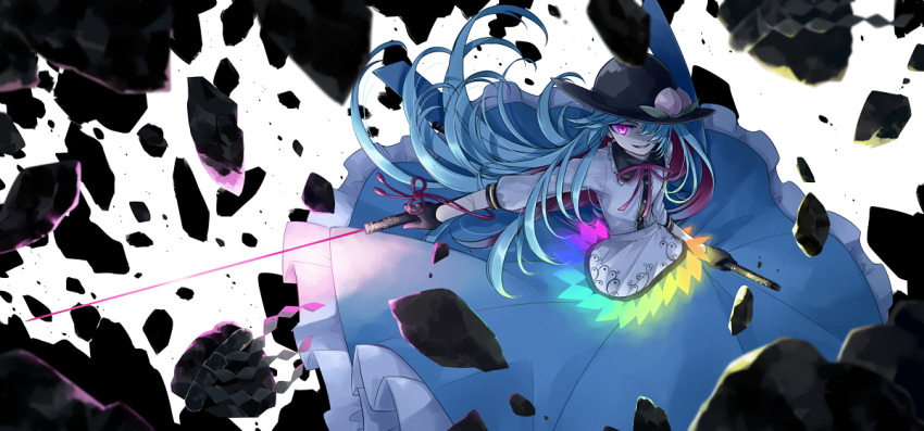 1girl blue_hair evil_grin evil_smile food fruit gloves glowing glowing_eye grin hair_over_one_eye hat hinanawi_tenshi keystone long_hair long_skirt looking_at_viewer neck_ribbon peach pink_eyes ribbon rubble sakuraba_yuuki scabbard sheath skirt smile solo sword sword_of_hisou touhou very_long_skirt violet_eyes weapon